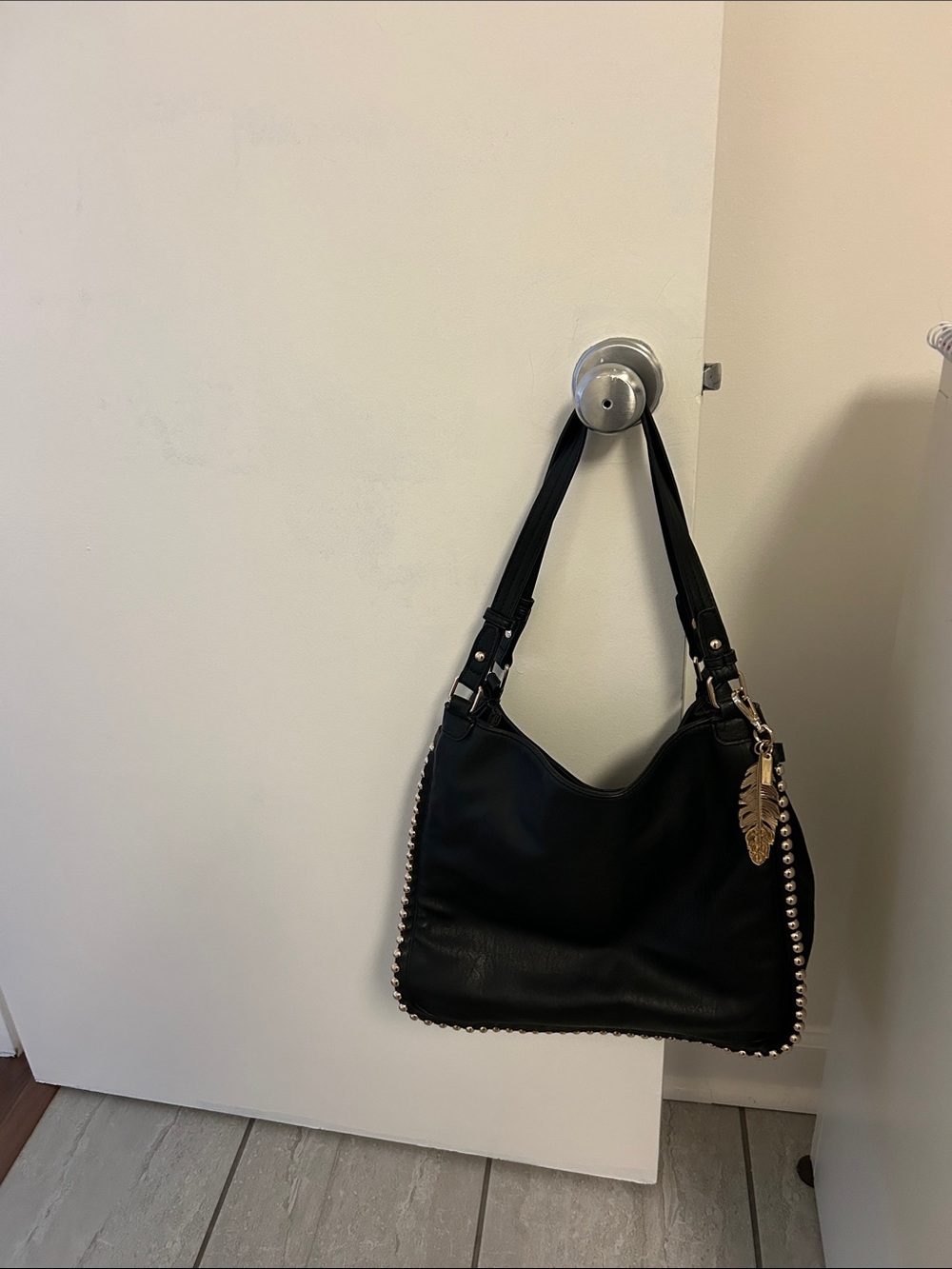 Jessica Simpson Black Shoulder Bag with Gold Leaf Charm